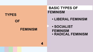 TYPES
OF
FEMINISM
4
BASIC TYPES OF
FEMINISM
• LIBERAL FEMINISM
• SOCIALIST
FEMINISM
• RADICAL FEMINISM
 