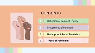 1 Definition of Feminist Theory
2 Movements of Feminism
3 Basic principles of Feminism
4
CONTENTS
Types of Feminism
 