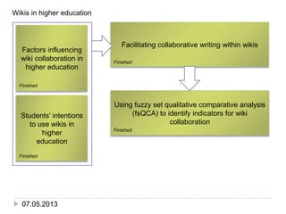 Factors influencing
wiki collaboration in
higher education
Facilitating collaboration in wikis
Using fuzzy set qualitative comparative analysis
(fsQCA) to identify indicators for wiki
collaboration
23.05.2013
Students' intentions
to use wikis in
higher
education
Wikis in higher education
 