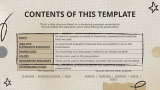 CONTENTS OF THIS TEMPLATE
FONTS
To view this template correctly in PowerPoint, download and install the
fonts we used
USED AND
ALTERNATIVE RESOURCES
An assortment of graphic resources that are suitable for use in this
presentation
THANKS SLIDE You must keep it so that proper credits for our design are given
COLORS All the colors used in this presentation
INFOGRAPHIC RESOURCES These can be used in the template, and their size and color can be edited
CUSTOMIZABLE ICONS
They are sorted by theme so you can use them in all kinds of
presentations
For more info:
SLIDESGO | SLIDESGO SCHOOL | FAQS
You can visit our sister projects:
FREEPIK | FLATICON | STORYSET | WEPIK |
VIDFY
This is a slide structure based on a marketing campaign presentation
You can delete this slide when you’re done editing the presentation
 