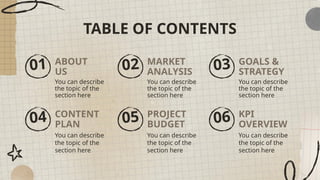 01
You can describe
the topic of the
section here
02
You can describe
the topic of the
section here
03
You can describe
the topic of the
section here
04
You can describe
the topic of the
section here
05
You can describe
the topic of the
section here
06
You can describe
the topic of the
section here
TABLE OF CONTENTS
ABOUT
US
MARKET
ANALYSIS
GOALS &
STRATEGY
CONTENT
PLAN
PROJECT
BUDGET
KPI
OVERVIEW
 