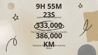 9H 55M
23S
Jupiter's rotation period
333,000
The Sun’s mass compared to Earth’s
386,000
KM
Distance between Earth and the
Moon
 