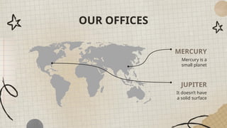 OUR OFFICES
Mercury is a
small planet
It doesn’t have
a solid surface
MERCURY
JUPITER
 