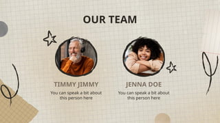TIMMY JIMMY JENNA DOE
OUR TEAM
You can speak a bit about
this person here
You can speak a bit about
this person here
 