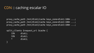 CDN :: caching escalar IO
proxy_cache_path /mnt/disk1/cache keys_zone=disk1:100m ...;
proxy_cache_path /mnt/disk2/cache keys_zone=disk2:100m ...;
proxy_cache_path /mnt/disk3/cache keys_zone=disk3:100m ...;
split_clients $request_uri $cache {
33% disk1;
33% disk2;
* disk3;
}
 