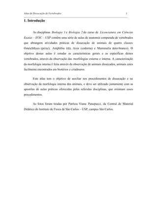 Atlas de Dissecação de Vertebrados 1
_________________________________________________________________________________
1. Introdução
As disciplinas Biologia 1 e Biologia 2 do curso de Licenciatura em Ciências
Exatas – IFSC – USP contêm uma série de aulas de anatomia comparada de vertebrados
que abrangem atividades práticas de dissecação de animais de quatro classes:
Osteichthyes (peixe), Amphibia (rã), Aves (codorna) e Mammalia (rato-branco). O
objetivo destas aulas é estudar as características gerais e as específicas destes
vertebrados, através da observação das morfologias externa e interna. A caracterização
da morfologia interna é feita através da observação de animais dissecados, animais estes
facilmente encontrados em biotérios e criadouros.
Este atlas tem o objetivo de auxiliar nos procedimentos de dissecação e na
observação da morfologia interna dos animais, e deve ser utilizado juntamente com as
apostilas de aulas práticas oferecidas pelas referidas disciplinas, que orientam esses
procedimentos.
As fotos foram tiradas por Patrícia Viana Panepucci, da Central de Material
Didático do Instituto de Física de São Carlos – USP, campus São Carlos.
 