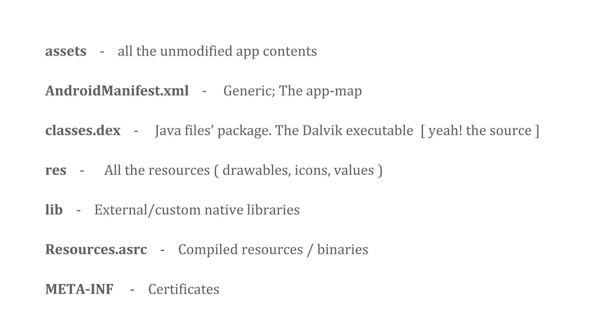 assets - all the unmodified app contents
AndroidManifest.xml - Generic; The app-map
classes.dex - Java files’ package. The Dalvik executable [ yeah! the source ]
res - All the resources ( drawables, icons, values )
lib - External/custom native libraries
Resources.asrc - Compiled resources / binaries
META-INF - Certificates
 