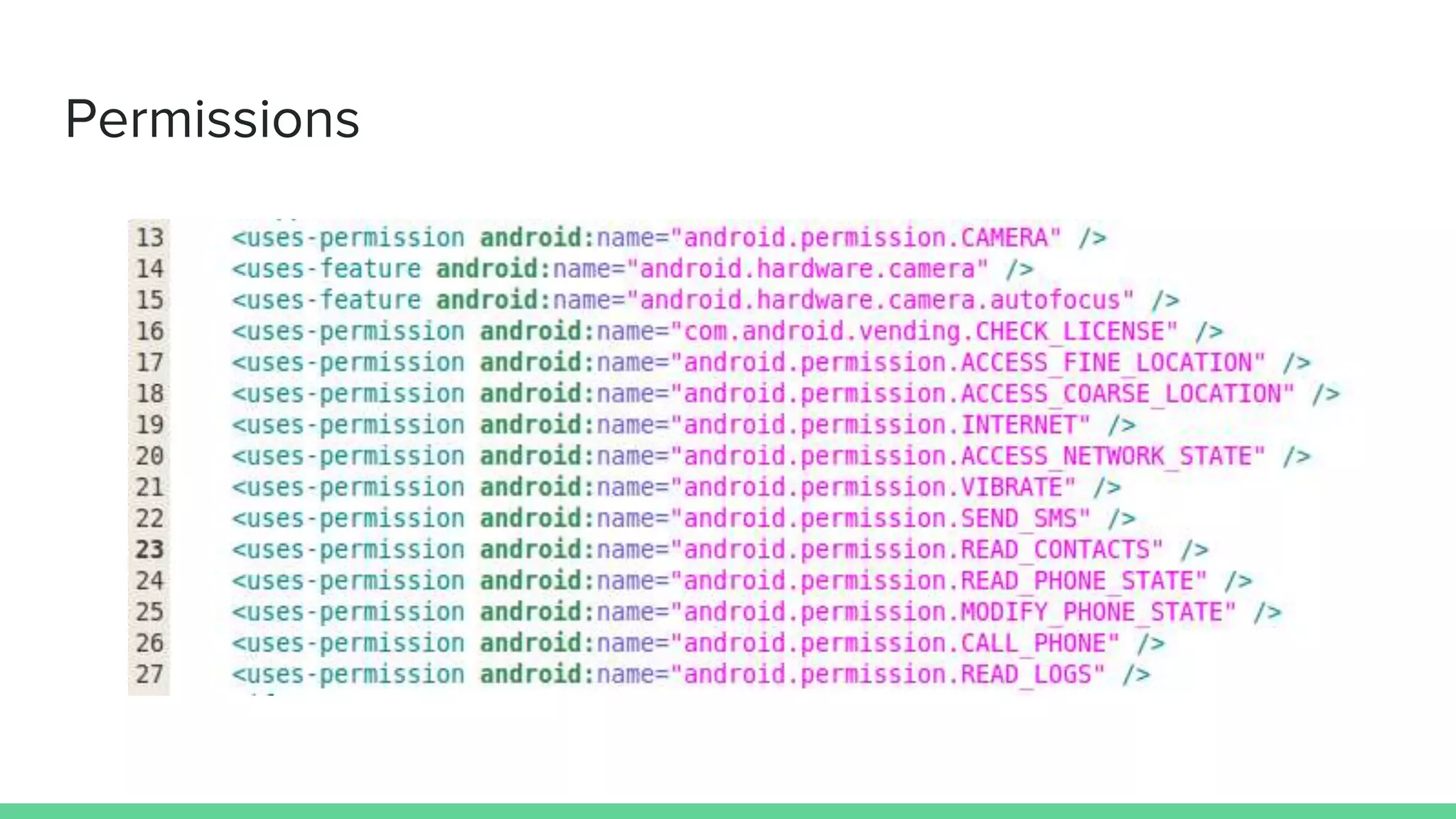 Android security
- Sandboxing
- Permissions
- ASLR since Android 4.0 ICS
- ARM TrustZone
Implementations
 