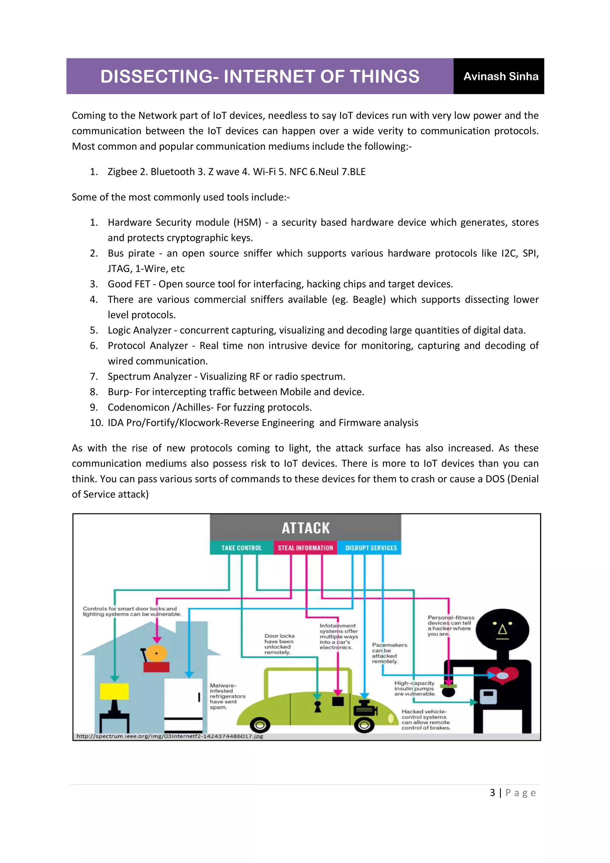 DISSECTING- INTERNET OF THINGS Avinash Sinha
3 | P a g e
Coming to the Network part of IoT devices, needless to say IoT devices run with very low power and the
communication between the IoT devices can happen over a wide verity to communication protocols.
Most common and popular communication mediums include the following:-
1. Zigbee 2. Bluetooth 3. Z wave 4. Wi-Fi 5. NFC 6.Neul 7.BLE
Some of the most commonly used tools include:-
1. Hardware Security module (HSM) - a security based hardware device which generates, stores
and protects cryptographic keys.
2. Bus pirate - an open source sniffer which supports various hardware protocols like I2C, SPI,
JTAG, 1-Wire, etc
3. Good FET - Open source tool for interfacing, hacking chips and target devices.
4. There are various commercial sniffers available (eg. Beagle) which supports dissecting lower
level protocols.
5. Logic Analyzer - concurrent capturing, visualizing and decoding large quantities of digital data.
6. Protocol Analyzer - Real time non intrusive device for monitoring, capturing and decoding of
wired communication.
7. Spectrum Analyzer - Visualizing RF or radio spectrum.
8. Burp- For intercepting traffic between Mobile and device.
9. Codenomicon /Achilles- For fuzzing protocols.
10. IDA Pro/Fortify/Klocwork-Reverse Engineering and Firmware analysis
As with the rise of new protocols coming to light, the attack surface has also increased. As these
communication mediums also possess risk to IoT devices. There is more to IoT devices than you can
think. You can pass various sorts of commands to these devices for them to crash or cause a DOS (Denial
of Service attack)
 