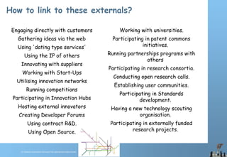 © Chawton Innovation Services/Title.ppt/Version/date/initials
How to link to these externals?
Engaging directly with customers
Gathering ideas via the web
Using 'dating type services'
Using the IP of others
Innovating with suppliers
Working with Start-Ups
Utilising innovation networks
Running competitions
Participating in Innovation Hubs
Hosting external innovators
Creating Developer Forums
Using contract R&D.
Using Open Source.
Working with universities.
Participating in patent commons
initiatives.
Running partnerships programs with
others
Participating in research consortia.
Conducting open research calls.
Establishing user communities.
Participating in Standards
development.
Having a new technology scouting
organisation.
Participating in externally funded
research projects.
 