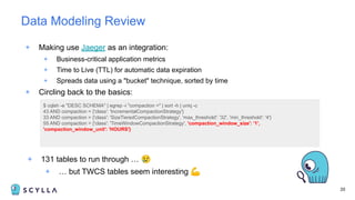+ Making use Jaeger as an integration:
+ Business-critical application metrics
+ Time to Live (TTL) for automatic data expiration
+ Spreads data using a "bucket" technique, sorted by time
+ Circling back to the basics:
20
Data Modeling Review
$ cqlsh -e "DESC SCHEMA" | egrep -i "compaction =" | sort -h | uniq -c
43 AND compaction = {'class': 'IncrementalCompactionStrategy'}
33 AND compaction = {'class': 'SizeTieredCompactionStrategy', 'max_threshold': '32', 'min_threshold': '4'}
55 AND compaction = {'class': 'TimeWindowCompactionStrategy', 'compaction_window_size': '1',
'compaction_window_unit': 'HOURS'}
+ 131 tables to run through … 😢
+ … but TWCS tables seem interesting 💪
 
