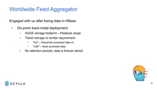 Engaged with us after losing data in HBase
+ On-prem bare-metal deployment
+ HUGE storage footprint – Petabyte range
+ Tiered storage or similar requirement:
+ "hot" – frequently accessed data or;
+ "cold" – least accessed data
+ No retention periods, data is forever stored
32
Worldwide Feed Aggregator
 