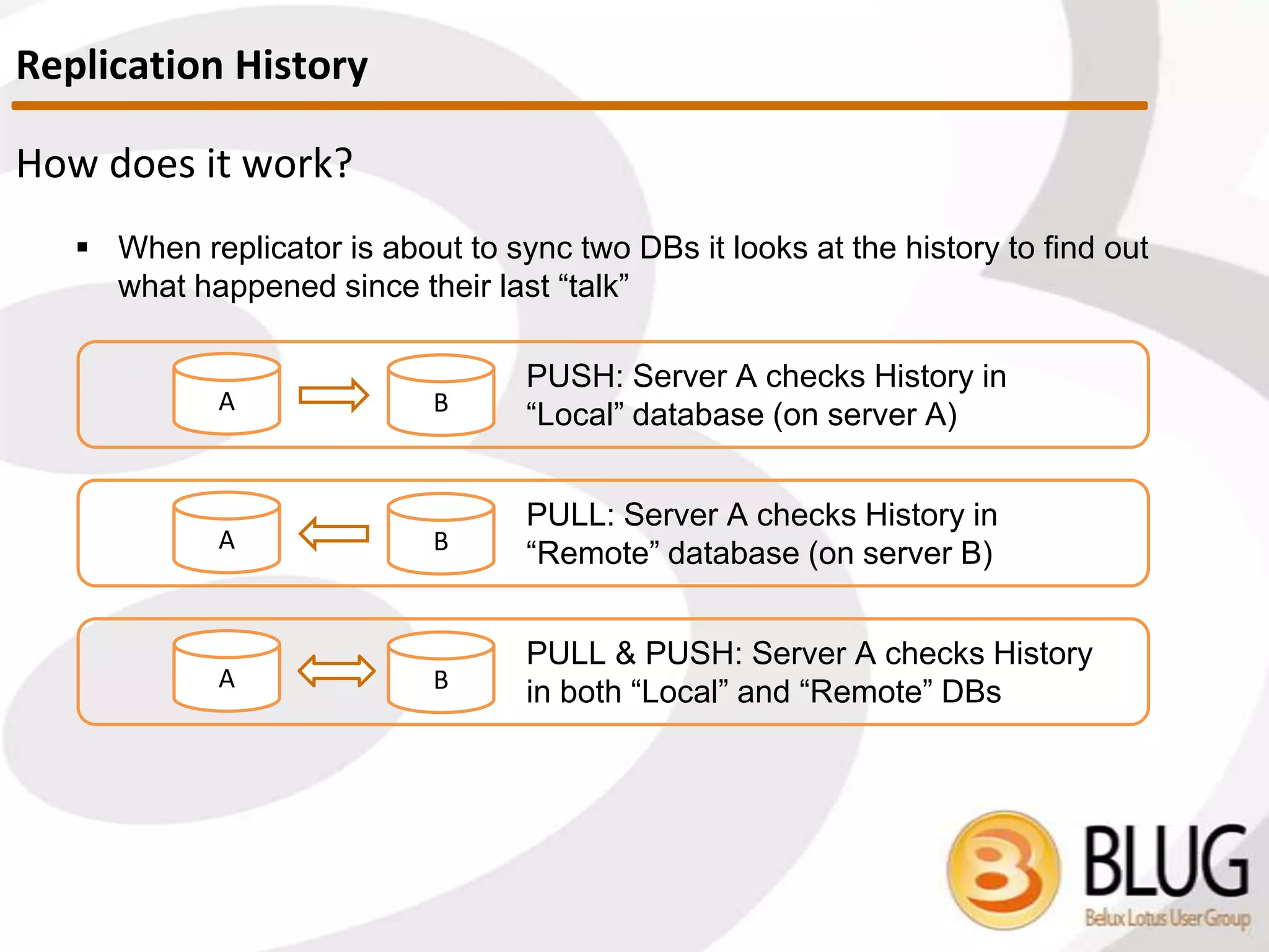 ACL level settings
 Makes sure the “source” server has access to the destination database
and vice versa
Server level security considerations
 Controlled in ‘Security’ section of the Server Document
 Who can ‘Access server’
 If server isn’t listed, replication will fail
 Who can ‘Create new replicas’
 If server isn’t listed, new replica won’t create
 Who can access the database?
Access Considerations
 