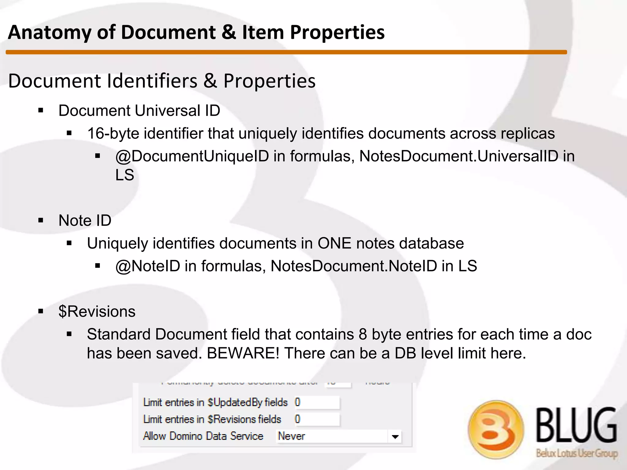 How are they stored in a Notes DB?
 In a pretty funky way. You’d imagine one note for each relationship /
scenario, but in fact there is one note per source server
 Scenarios involving the current “Local” database are stored in one note,
using multi-value fields
Selective Replication Formulas
 