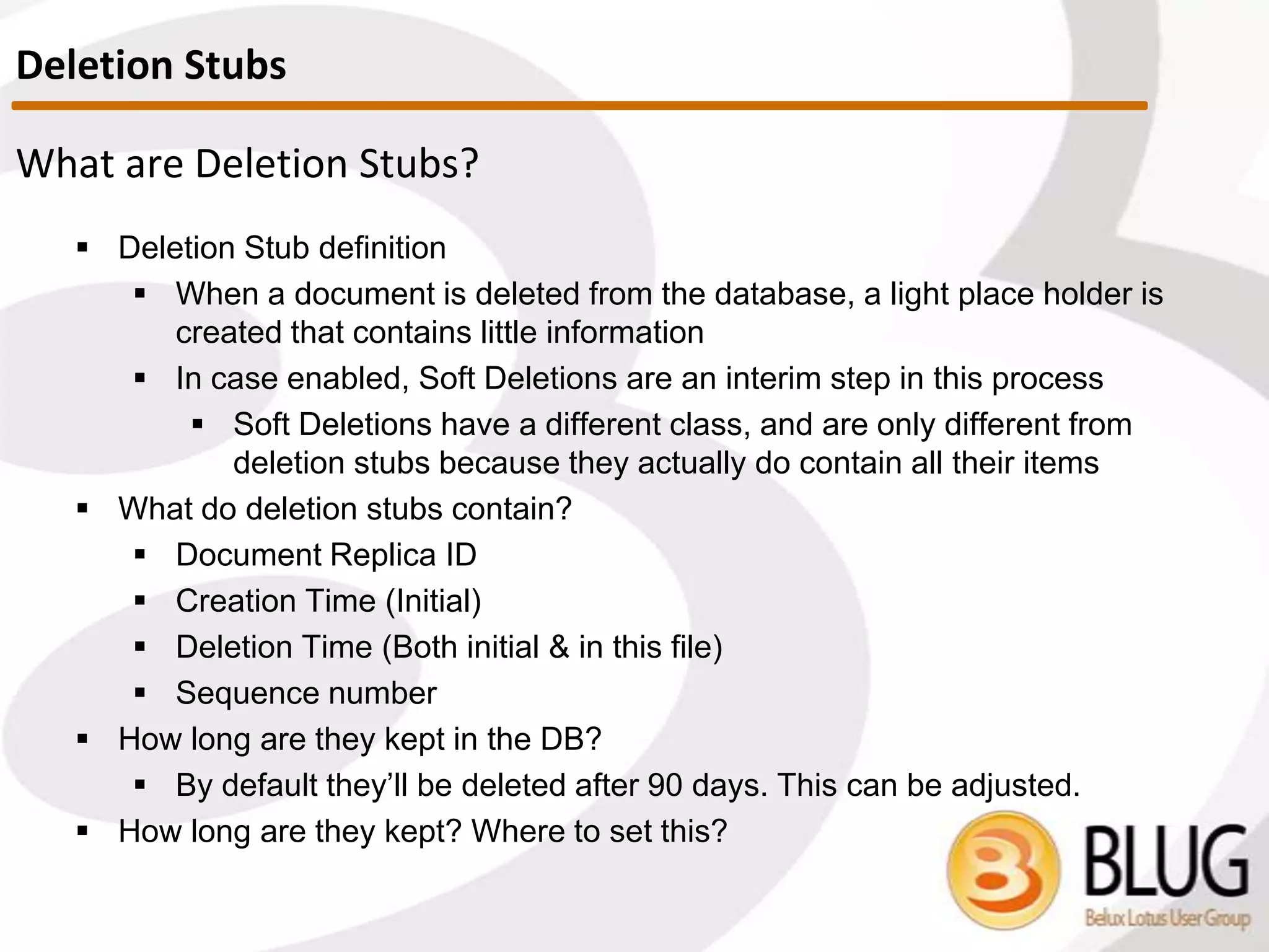Document Identifiers & Properties
 Sequence Number
 Both documents and items have them
 Increases every time a document is saved
 Devs, careful with ctrl+s!
 The doc.Sequence number = highest item’s sequence number
 Ways to get:
 @Elements($Revisions)
 Risky because the limit might have been hit, and in this case it’s
incorrect
 NSFNoteGetInfo API Call: SQ number part of the returned header
information
 Ytria scanEZ
Anatomy of Documents and Items
 