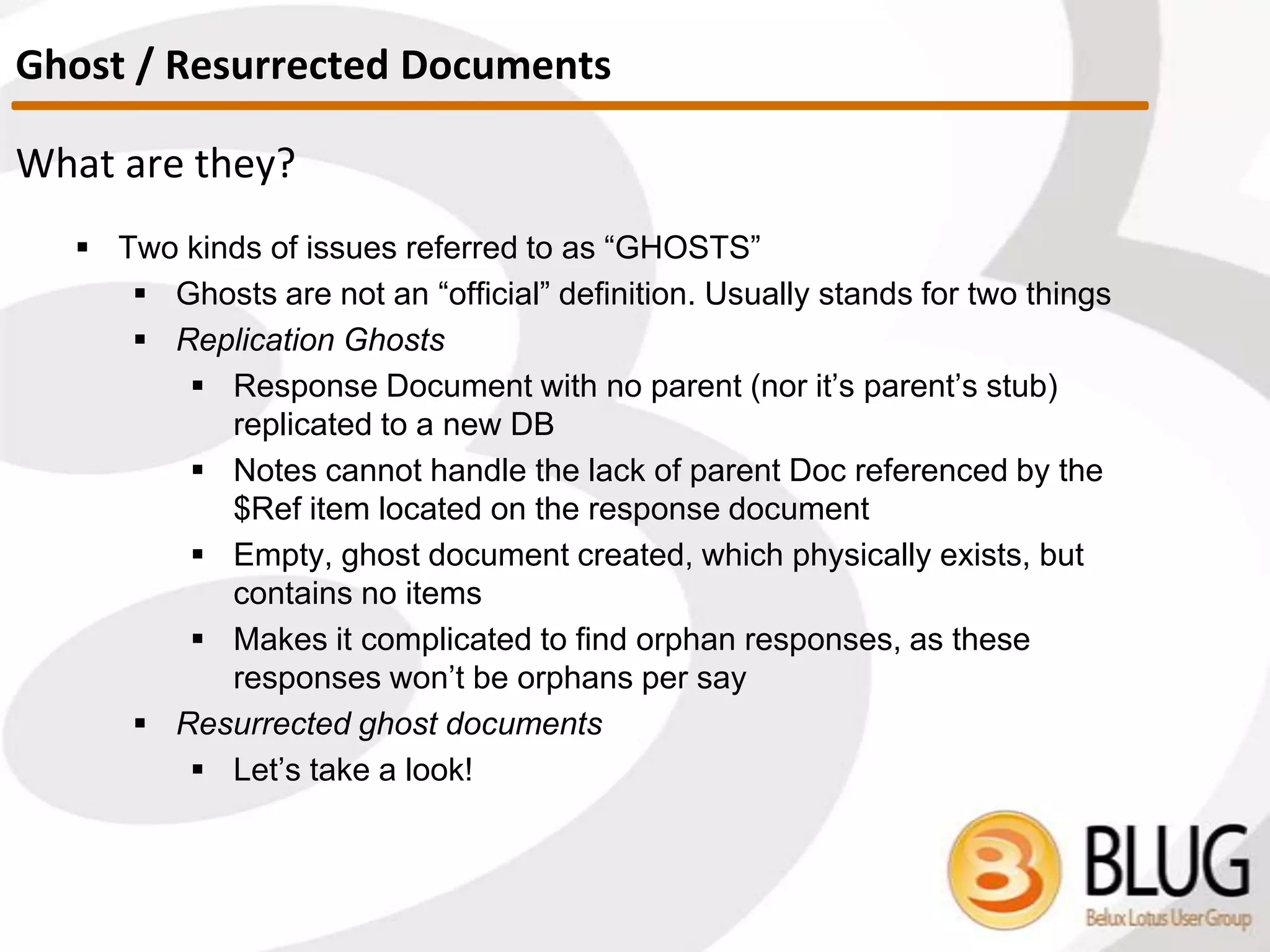 Conflict Handling options
 No Conflicts
 $ConflictAction = “2” -> backend document item value
 Winner takes it all (Almost guaranteed data lose)
So what do we advise?
 Create Conflicts
 Make sure you keep their volume as low as possible
 To be discussed later
 Ensure you can quickly find them
 Implement a special folder in the DB
 Ensure you solve them quickly and efficiently without losing data
Replication or Save Conflicts
 
