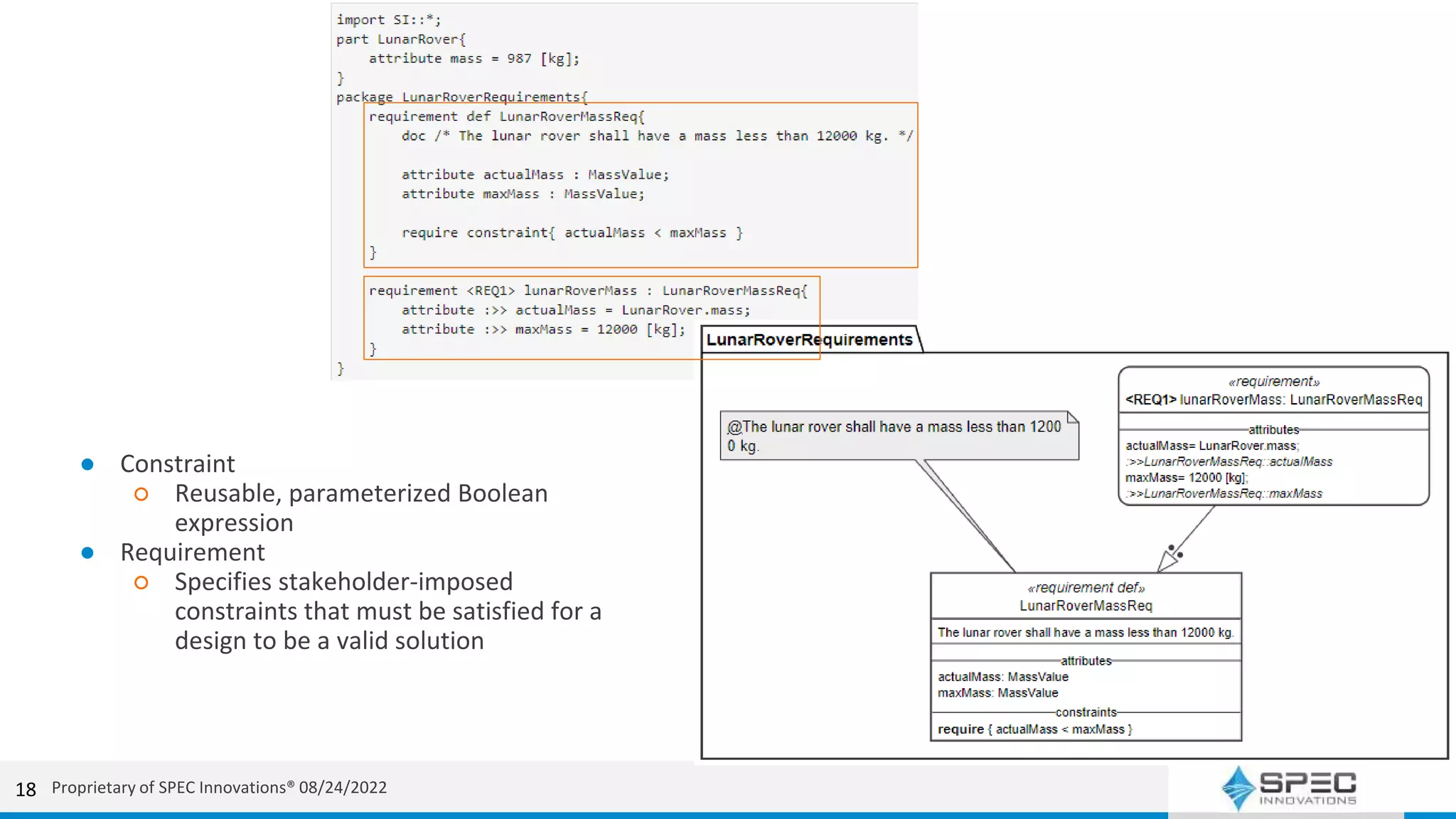 18
● Constraint
○ Reusable, parameterized Boolean
expression
● Requirement
○ Specifies stakeholder-imposed
constraints that must be satisfied for a
design to be a valid solution
Proprietary of SPEC Innovations® 08/24/2022
 