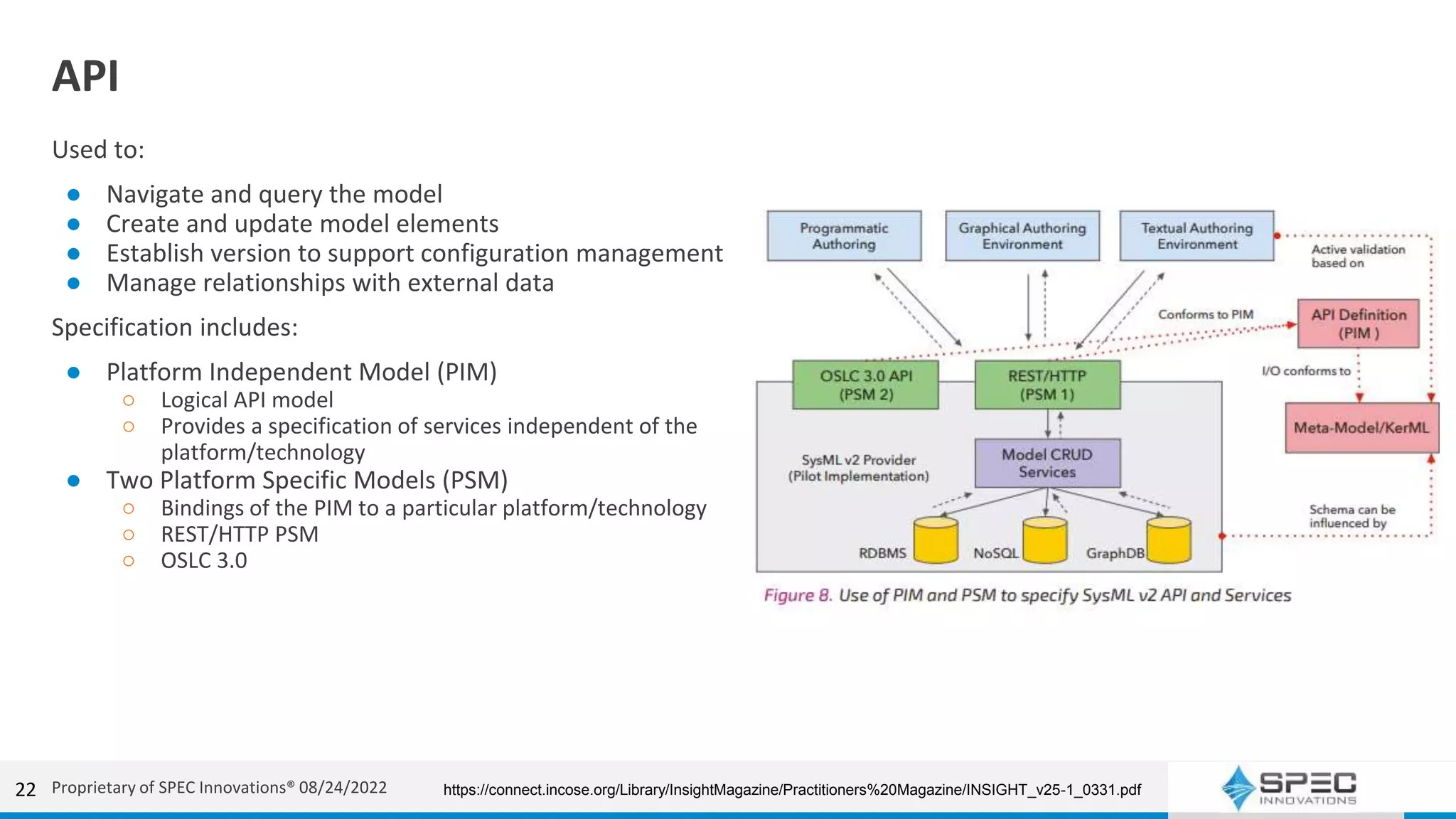 API
Used to:
● Navigate and query the model
● Create and update model elements
● Establish version to support configuration management
● Manage relationships with external data
Specification includes:
● Platform Independent Model (PIM)
○ Logical API model
○ Provides a specification of services independent of the
platform/technology
● Two Platform Specific Models (PSM)
○ Bindings of the PIM to a particular platform/technology
○ REST/HTTP PSM
○ OSLC 3.0
22 https://connect.incose.org/Library/InsightMagazine/Practitioners%20Magazine/INSIGHT_v25-1_0331.pdf
Proprietary of SPEC Innovations® 08/24/2022
 