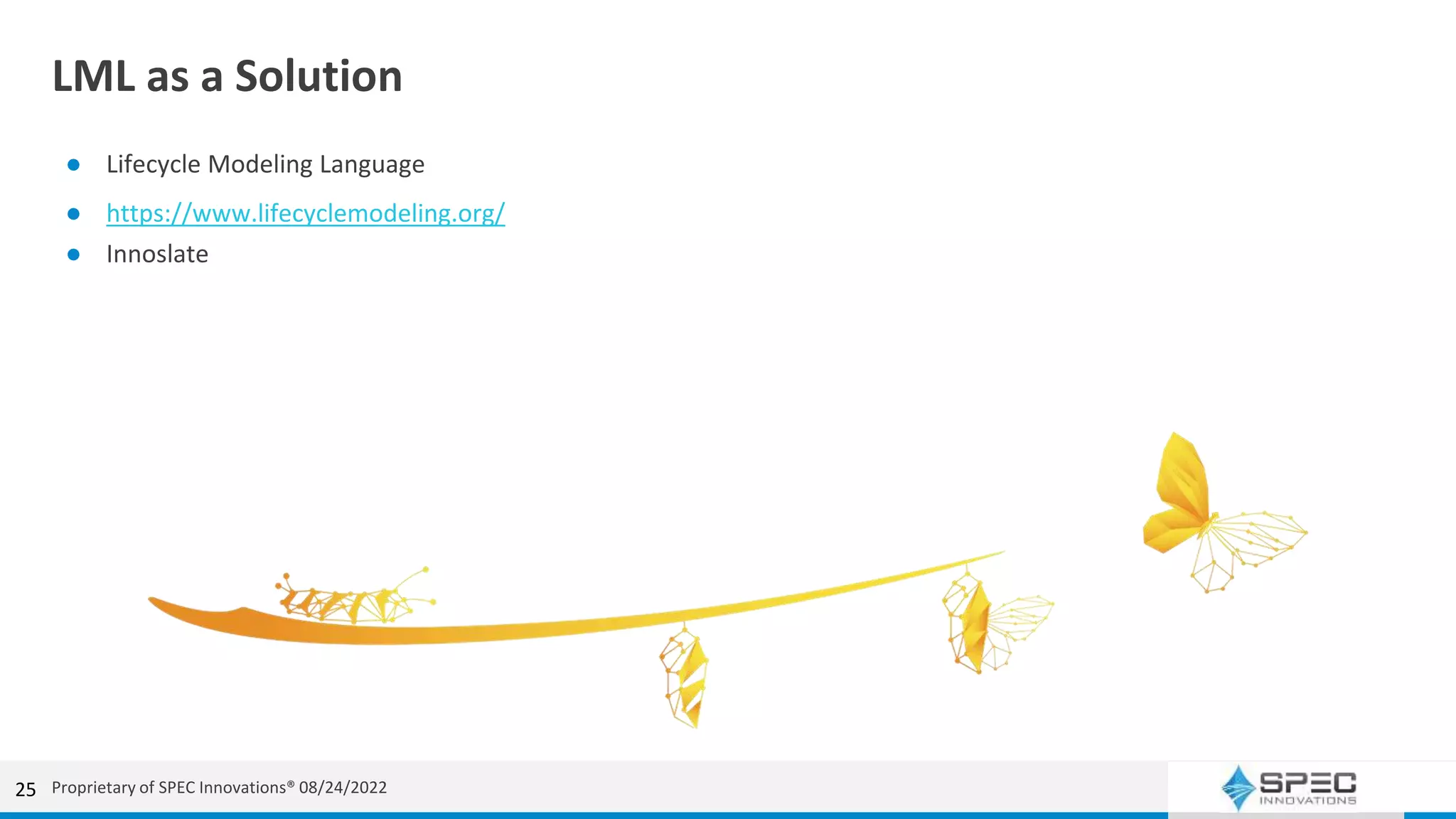 LML as a Solution
● Lifecycle Modeling Language
● https://www.lifecyclemodeling.org/
● Innoslate
25 Proprietary of SPEC Innovations® 08/24/2022
 
