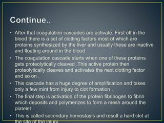 • After that coagulation cascades are activate. First off in the
blood there is a set of clotting factors most of which are
proteins synthesized by the liver and usually these are inactive
and floating around in the blood
• The coagulation cascade starts when one of these proteins
gets proteolytically cleaved .This active protein then
proteolytically cleaves and activates the next clotting factor
and so on .
• This cascade has a huge degree of amplification and takes
only a few mint from injury to clot formation .
• The final step is activation of the protein fibrinogen to fibrin
which deposits and polymerizes to form a mesh around the
platelet .
• This is called secondary hemostasis and result a hard clot at
 