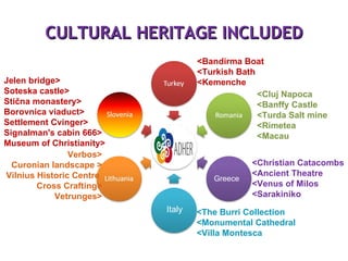 CULTURAL HERITAGE INCLUDED Italy Greece <Bandirma Boat  <Turkish Bath  < Kemenche Verbos> Curonian landscape > Vilnius Historic Centre Cross Crafting> Vetrunges> <The Burri Collection <Monumental Cathedral <Villa Montesca Jelen bridge> Soteska castle> Stična monastery> Borovnica viaduct> Settlement Cvinger> Signalman's cabin 666> Museum of Christianity> <Christian Catacombs <Ancient Theatre <Venus of Milos <Sarakiniko <Cluj Napoca <Banffy Castle <Turda Salt mine <Rimetea <Macau 
