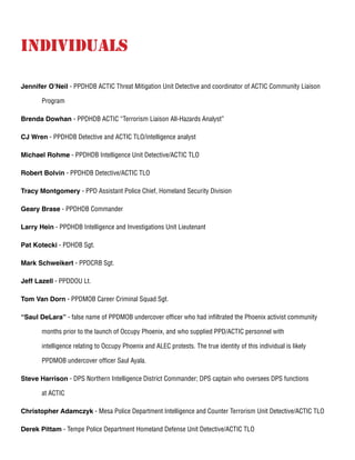Jennifer O’Neil - PPDHDB ACTIC Threat Mitigation Unit Detective and coordinator of ACTIC Community Liaison 		
	Program
Brenda Dowhan - PPDHDB ACTIC “Terrorism Liaison All-Hazards Analyst”
CJ Wren - PPDHDB Detective and ACTIC TLO/intelligence analyst
Michael Rohme - PPDHDB Intelligence Unit Detective/ACTIC TLO
Robert Bolvin - PPDHDB Detective/ACTIC TLO
Tracy Montgomery - PPD Assistant Police Chief, Homeland Security Division
Geary Brase - PPDHDB Commander
Larry Hein - PPDHDB Intelligence and Investigations Unit Lieutenant
Pat Kotecki - PDHDB Sgt.
Mark Schweikert - PPDCRB Sgt.
Jeff Lazell - PPDDOU Lt.
Tom Van Dorn - PPDMOB Career Criminal Squad Sgt.
“Saul DeLara” - false name of PPDMOB undercover officer who had infiltrated the Phoenix activist community
	 months prior to the launch of Occupy Phoenix, and who supplied PPD/ACTIC personnel with
	 intelligence relating to Occupy Phoenix and ALEC protests. The true identity of this individual is likely
	 PPDMOB undercover officer Saul Ayala.
Steve Harrison - DPS Northern Intelligence District Commander; DPS captain who oversees DPS functions
	 at ACTIC
Christopher Adamczyk - Mesa Police Department Intelligence and Counter Terrorism Unit Detective/ACTIC TLO
Derek Pittam - Tempe Police Department Homeland Defense Unit Detective/ACTIC TLO
Individuals
 