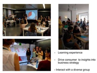 - Learning experience
- Drive consumer to insights into
business strategy
- Interact with a diverse group
 