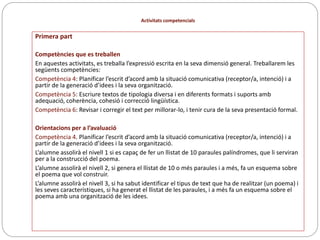 Activitats competencials
Primera part
Competències que es treballen
En aquestes activitats, es treballa l’expressió escrita en la seva dimensió general. Treballarem les
següents competències:
Competència 4: Planificar l’escrit d’acord amb la situació comunicativa (receptor/a, intenció) i a
partir de la generació d’idees i la seva organització.
Competència 5: Escriure textos de tipologia diversa i en diferents formats i suports amb
adequació, coherència, cohesió i correcció lingüística.
Competència 6: Revisar i corregir el text per millorar-lo, i tenir cura de la seva presentació formal.
Orientacions per a l’avaluació
Competència 4. Planificar l’escrit d’acord amb la situació comunicativa (receptor/a, intenció) i a
partir de la generació d’idees i la seva organització.
L’alumne assolirà el nivell 1 si es capaç de fer un llistat de 10 paraules palíndromes, que li serviran
per a la construcció del poema.
L’alumne assolirà el nivell 2, si genera el llistat de 10 o més paraules i a més, fa un esquema sobre
el poema que vol construir.
L’alumne assolirà el nivell 3, si ha sabut identificar el tipus de text que ha de realitzar (un poema) i
les seves característiques, si ha generat el llistat de les paraules, i a més fa un esquema sobre el
poema amb una organització de les idees.
 