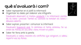 què s’avaluarà i com?
★ Saber representar en el plafó la informació
★ Organitzar les dades per elaborar una infografia
S’avaluarà observant el mateix producte ( la informació s’entén
bé, és clara i precisa). També es valorarà la netedat els colors i
dibuixos adients.
★ Saber explicar, presentar i comunicar la informació
S’avaluarà l’exposició oral. Si dominau el tema, enteneu, Se us
entén bé. Parlau en veu alta i clara, mirant al públic.
★ Saber fer feina amb la parella
S’avaluarà, si sabeu resoldre els conflictes que sorgeixin, si sabeu
repartir-vos les feines
 