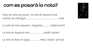 com es posarà la nota?
Totes les notes de proves i la nota de l’exposició oral
( domini de contingut)............................................................................................................... medi
La nota del text explicatiu i l’esquema…………………. català (escrit)
La nota de l’exposició oral……………………………..….. català ( parlar)
La nota de feina en equip……………..………… medi i català ( actitud)
 