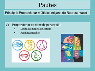 Pautes
1) Proporcionar opcions de percepció:
• Diferents modes sensorials
• Format ajustable
Principi I: Proporcionar múltiples mitjans de Representació
 