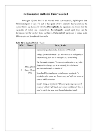 4.2 Evaluation methods: Theory assisted

          Multi-agent systems have to be plausible from a philosophical, psychological, and
Mathematical point of view. For each of these points of view, alternative theories exist and the
various theories are discussed in Table 4.2. Philosophically, the organization can be seen from the
viewpoints of realism and constructivism. Psychologically, several agent types can be
distinguished on the way they think, and behave. Mathematically agents can be studied under
different empirical formulas and frameworks


Table 4.2 Evaluation Methods- Theory
    Sl.No     Theory                                       Theory details

                              Important propositions in the philosophy of AI include:

                              Turing's "polite convention": If a machine acts as intelligently as
                              a human being, then it is as intelligent as a human being.

                              The Dartmouth proposal: "Every aspect of learning or any other
                              feature of intelligence can be so precisely described that a
              Philosophical
                              machine can be made to simulate it."
      1      theory (René,
                 1993)        Newell and Simon's physical symbol system hypothesis: "A
                              physical symbol system has the necessary and sufficient means of
                              general intelligent action

                              Searle's strong AI hypothesis: "The appropriately programmed
                              computer with the right inputs and outputs would thereby have a
                              mind in exactly the same sense human beings have minds




                                                   18
 