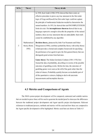 Sl.No        Theory                                    Theory details

                           In 1930, Kurt Godel (1906-1978) showed that there exists an
                           effective procedure to prove any true statement in the first-order
                           logic of Frege and Russell; but first-order logic could not capture
                           the principle of mathematical induction needed to characterize the
                           natural numbers. In 1931, he showed that real INCOMPLETENESS
                           limits do exist. His incompleteness theorem showed that in any
                           language expressive enough to describe the properties of the natural
                           numbers, there are true statements that are undecidable: their truth
                           cannot be established by any algorithm

          Mathematical     Decision theory, pioneered by John Von Neumann and Oskar
  3       theory (René,    Morgenstern (1944), combines probability theory with utility theory
              1993)        (which provides a formal and complete framework for specifying
                           the preferences of an agent) to give the first general theory that can
                           distinguish good actions from bad ones.

                           Game theory: The Italian Gerolamo Cardano (1501-1576) first
                           framed the idea of probability, describing it in terms of the possible
                           outcomes of gambling events. Before his time, the outcomes of
                           gambling games were seen as the will of the gods rather than the
                           whim of chance, Probability quickly became an invaluable part of
                           all the quantitative sciences, helping to deal with uncertain
                           measurements and incomplete theories




            4.3 Metrics and Comparisons of Agents

        The MAS system project development will be compared, contrasted and suitable metrics
that are needed to prove these will be used to generate the needed proof to showcase the differences
between the traditional project development and Agent specific project developments. Relevant
references to traditional process, methods and metrics will be used and how these are compared to
the Agent specific development will be highlighted. Metrics used here are shown in Table 4.3




                                                  20
 