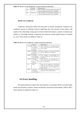 Table 4.5 Metrics for the Modularity in agent-oriented architectures




        Metrics for complexity


        Complexity characterizes MAS with many parts in intricate arrangement. Inspired by the
complexity measure in traditional software engineering, this work presents several metrics with
regards to the relationships among agent oriented architectural elements, amounts of elements per
module (i.e. knowledge elements, components and instances) and the global amount of elements
(i.e. size). These metrics are defined in Table 4.6


Table 4.6 Metrics for Complexity in agent-oriented architectures




          4.4 Error handling:

        The agent architecture contains four main elements to correspond with the execution model,
namely the perception, actuation, internal mechanisms, and internal representation. (Platon, 2007).
These elements are depicted in Figure 4.4.




                                                      26
 