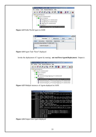 Figure 4.13 Hello World Agent in JADE




Figure 4.14 Agent Task "Greet" displayed


  Invoke the deployment of 3 agents by running: ant runThreeAgentsDeployment. Output is:




Figure 4.15 Multiple instances of Agents deployed in JADE




Figure 4.16 Output from Agent displayed




                                              33
 