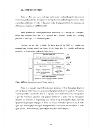 4.6.4 AMINEPLATFORM


       Amine is a Java open source multi-layer platform and a modular Integrated Development
Environment, dedicated to the development of intelligent systems and multi-agents systems. Amine
is a synthesis of 20 years of works, by the author, on the development of tools for various aspects
of Conceptual Graph theory (KABBAJ, 2009)


       Amine provides also several graphical user interfaces (GUIs): Ontology GUI, Conceptual
Graph (CG) Notations editors GUI, CG Operations GUI, Dynamic Ontology GUI, Ontology
processes GUI, Prolog+CG GUI and Synergy GUI.


       Currently, we use Jade to handle the lower level of the MAS (i.e. creation and
communication between agents) and Amine for the higher level (i.e. cognitive and reactive
capabilities of the agents are implemented using Amine).




Figure 4.17 Four hierarchical layers of Amine platform


       Amine is a modular integrated environment composed of four hierarchical layers: a)
ontology layer provides ―structures, processes and graphical interfaces‖ to specify the ―conceptual
vocabulary‖ and the semantic of a domain, b) algebraic layer is build on top of the ontology layer:
it provides ―structures, operations and graphical interfaces‖ to define and use ―conceptual‖
structures and operations, c) programming layer is build on top of the algebraic layer: it provides
―programming paradigms/languages‖ to define and execute ―conceptual‖ processes and, d) multi-
agent layer provides plugs-in to agent development tools, allowing for the development of multi-
agent systems. More specifically: (Refer Figure 4.17 above for the 4 layers)




                                                 34
 
