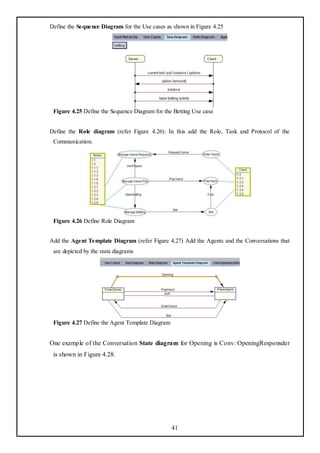 Define the Sequence Diagram for the Use cases as shown in Figure 4.25




 Figure 4.25 Define the Sequence Diagram for the Betting Use case


Define the Role diagram (refer Figure 4.26): In this add the Role, Task and Protocol of the
 Communication.




 Figure 4.26 Define Role Diagram


Add the Agent Template Diagram (refer Figure 4.27) Add the Agents and the Conversations that
 are depicted by the state diagrams




 Figure 4.27 Define the Agent Template Diagram


One example of the Conversation State diagram for Opening is Conv: OpeningResponsder
 is shown in Figure 4.28.




                                                 41
 
