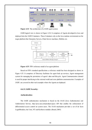 Figure 4.34 The architecture of a JADE agent system

       JADE logical view is shown in Figure 4.34. It comprises of Agents developed in Java and
deployed into the JADE Containers. These Containers rely on the Java runtime environment on the
target platform like Enterprise Servers, Client Server machines, Mobiles etc.




       Figure 4.35 FIPA reference model of an agent platform

       Based on FIPA standard specifications a reference model has been designed as shown in
Figure 4.35. It comprises of Directory facilitator for agent look up services, Agent management
system for managing the persistence of agent‘s data and lifecycle. Agent Communication channel
is used for proper interfacing to the external world and cross platform communication. Examples of
JADE are covered in other tool examples where the Agents are deployed.


       4.6.11 JADE Security:


       Authentication


       The JADE authentication mechanism is based on the JAAS (Java Authentication and
Authorization Service, http://java.sun.com/products/jaas) API that enables the enforcement of
differentiated access control on system users. The JAAS mechanism provides a set of de facto
LoginModules; the Unix, NT and Kerberos modules (Board, 2005)




                                                  46
 