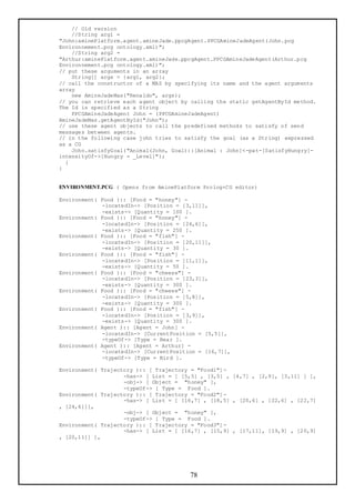 // Old version
    //String arg1 =
"John:aminePlatform.agent.amineJade.ppcgAgent.PPCGAmineJadeAgent(John.pcg
Environnement.pcg ontology.xml)";
    //String arg2 =
"Arthur:aminePlatform.agent.amineJade.ppcgAgent.PPCGAmineJadeAgent(Arthur.pcg
Environnement.pcg ontology.xml)";
// put these arguments in an array
    String[] args = {arg1, arg2};
// call the constructor of a MAS by specifying its name and the agent arguments
array
    new AmineJadeMas("Renaldo", args);
// you can retrieve each agent object by calling the static getAgentById method.
The Id is specified as a String
    PPCGAmineJadeAgent John = (PPCGAmineJadeAgent)
AmineJadeMas.getAgentById("John");
// use these agent objects to call the predefined methods to satisfy of send
messages between agents.
// in the following case john tries to satisfy the goal (as a String) expressed
as a CG
    John.satisfyGoal("Animal(John, Goal)::[Animal : John]<-pat-[SatisfyHungry]-
intensityOf->[Hungry = _Level]");
  }
}


ENVIRONMENT.PCG ( Opens from AminePlatform Prolog+CG editor)

Environment( Food ):: [Food = "honey"] -
             -locatedIn-> [Position = [3,11]],
             -exists-> [Quantity = 100 ].
Environment( Food ):: [Food = "honey"] -
             -locatedIn-> [Position = [24,6]],
             -exists-> [Quantity = 250 ].
Environment( Food ):: [Food = "fish"] -
             -locatedIn-> [Position = [20,11]],
             -exists-> [Quantity = 30 ].
Environment( Food ):: [Food = "fish"] -
             -locatedIn-> [Position = [11,1]],
             -exists-> [Quantity = 50 ].
Environment( Food ):: [Food = "cheese"] -
             -locatedIn-> [Position = [23,3]],
             -exists-> [Quantity = 300 ].
Environment( Food ):: [Food = "cheese"] -
             -locatedIn-> [Position = [5,8]],
             -exists-> [Quantity = 300 ].
Environment( Food ):: [Food = "fish"] -
             -locatedIn-> [Position = [3,9]],
             -exists-> [Quantity = 300 ].
Environment( Agent ):: [Agent = John] -
             -locatedIn-> [CurrentPosition = [5,5]],
             -typeOf-> [Type = Bear ].
Environment( Agent ):: [Agent = Arthur] -
             -locatedIn-> [CurrentPosition = [16,7]],
             -typeOf-> [Type = Bird ].

Environment( Trajectory ):: [ Trajectory = "Food1"] -
                    -has-> [ List = [ [5,5] , [3,5] , [4,7] , [2,9], [3,11] ] ],
                    -obj-> [ Object = "honey" ],
                    -typeOf-> [ Type = Food ].
Environment( Trajectory ):: [ Trajectory = "Food2"] -
                    -has-> [ List = [ [16,7] , [18,5] , [20,6] , [22,6] , [22,7]
, [24,6]]],
                    -obj-> [ Object = "honey" ],
                    -typeOf-> [ Type = Food ].
Environment( Trajectory ):: [ Trajectory = "Food3"] -
                    -has-> [ List = [ [16,7] , [15,9] , [17,11], [19,9] , [20,9]
, [20,11]] ],




                                        78
 