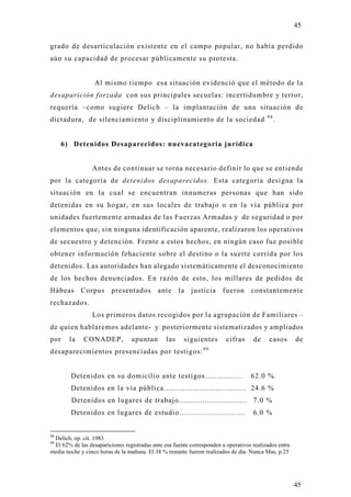45

grado de desarticulación existente en el campo popular, no había perdido
aún su capacidad de procesar públicamente su protesta.


                  Al mismo tiempo esa situación evidenció que el método de la
desaparición forzada con sus principales secuelas: incertidumbre y terror,
requería –como sugiere Delich – la implantación de una situación de
                                                                                          98
dictadura, de silenciamiento y disciplinamiento de la sociedad                                 .


      6) Detenidos Desaparecidos: nuevacategoria jurídica


                 Antes de continuar se torna necesario definir lo que se entiende
por la categoría de detenidos desaparecidos. Esta categoría designa la
situación en la cual se encuentran innumeras personas que han sido
detenidas en su hogar, en sus locales de trabajo o en la vía pública por
unidades fuertemente armadas de las Fuerzas Armadas y de seguridad o por
elementos que, sin ninguna identificación aparente, realizaron los operativos
de secuestro y detención. Frente a estos hechos, en ningún caso fue posible
obtener información fehaciente sobre el destino o la suerte corrida por lo s
detenidos. Las autoridades han alegado sistemáticamente el desconocimiento
de los hechos denunciados. En razón de esto, los millares de pedidos de
Hábeas Corpus            presentados        ante la justicia fueron                constantemente
rechazados.
                 Los primeros datos recogidos por la agrupación de Familiares –
de quien hablaremos adelante- y posteriormente sistematizados y ampliados
por     la   CONADEP,            apuntan        las    siguientes        cifras     de     casos       de
desaparecimientos presenciadas por testigos: 9 9


        Detenidos en su domicilio ante testigos................                    62.0 %
        Detenidos en la vía pública................................... 24.6 %
        Detenidos en lugares de trabajo............................. 7.0 %
        Detenidos en lugares de estudio............................                 6.0 %


98
 Delich, op. cit. 1983
99
 El 62% de las desapariciones registradas ante esa fuente corresponden a operativos realizados entre
media noche y cinco horas de la mañana. El 38 % restante fueron realizados de día. Nunca Mas, p.25




                                                                                                       45
 