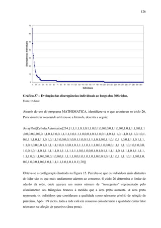 126
0
10
20
30
40
50
60
70
1 11 21 31 41 51 61 71 81 91 101 111 121 131 141 151 161 171 181 191 201 211 221 231 241 251 261 271 281 291 301
Indivíduos
Discrepânciasindividuais
Gráfico 37 – Evolução das discrepâncias individuais ao longo dos 308 ciclos.
Fonte: O Autor.
Através do uso do programa MATHEMATICA, identificou-se o que aconteceu no ciclo 26,
Para visualizar o ocorrido utilizou-se a fórmula, descrita a seguir:
ArrayPlot[CellularAutomaton[234,{1,1,1,1,0,1,0,1,1,0,0,1,0,0,0,0,0,1,1,0,0,0,1,0,1,1,1,0,0,1,1
,0,0,0,0,0,0,0,0,1,1,0,1,1,0,0,1,1,1,1,1,0,1,1,1,0,0,0,1,0,1,1,0,0,1,1,0,1,1,1,0,1,1,0,1,1,1,0,1,0,1,
0,0,1,1,1,0,1,1,1,0,1,0,1,1,1,0,0,0,0,1,0,0,1,1,0,0,1,1,1,1,0,1,0,0,1,1,0,1,0,1,1,0,0,1,1,1,0,1,1,1,
1,1,0,1,0,0,0,0,1,0,1,1,1,1,1,0,0,1,0,0,1,0,1,1,1,1,0,1,1,1,0,0,1,0,0,0,0,1,1,1,1,1,1,0,1,0,1,0,0,0,
1,0,0,1,0,1,1,0,1,1,1,1,1,1,0,1,1,1,1,1,1,1,1,0,0,1,0,0,0,1,0,1,0,1,1,1,1,1,1,0,1,1,1,1,0,1,1,1,1,1,
1,1,1,0,0,1,1,0,0,0,0,0,1,0,0,0,1,1,1,1,1,0,0,1,0,1,0,1,0,1,0,0,0,1,0,1,1,1,0,1,1,1,1,0,1,1,0,0,1,0,
0,0,1,0,0,0,1,0,0,1,0,1,1,1,1,1,1,0,1,0,1,0,1},70]]
Obteve-se a configuração ilustrada na Figura 15. Percebe-se que os indivíduos mais distantes
do líder são os que mais tardiamente aderem ao consenso. O ciclo 26 determina o limiar de
adesão da rede, onde aparece um maior número de “insurgentes” representado pelo
afunilamento dos triângulos brancos à medida que a área preta aumenta. A área preta
representa os indivíduos que consideram a qualidade como relevante critério de seleção de
parceiros. Após 199 ciclos, toda a rede está em consenso considerando a qualidade como fator
relevante na seleção de parceiros (área preta).
 