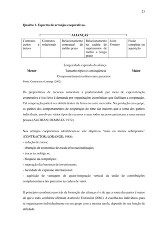 23
Quadro 1. Espectro de arranjos cooperativos.
| ALIANÇAS |
Contratos
curtos e
únicos
Contratos
relacionais
Relacionamento
contratual de
médio prazo
Relacionamento
na cadeia de
suprimentos de
médio a longo
prazo
Joint-
Venture
Fusão
completa ou
aquisição
Longevidade esperada da aliança
Menor Tamanho típico e conseqüência Maior
Comprometimento mútuo entre parceiros
Fonte: Contractor e Lorange (2002)
Os proprietários de recursos aumentam a produtividade por meio de especialização
cooperativa e isso leva à demanda por organizações econômicas que facilitam a cooperação.
Tal cooperação poderá ser obtida dentro da firma ou entre mercados. Na produção em equipe,
os ganhos dos comportamentos de cooperação do time são maiores que a soma dos ganhos
individuais, envolvem vários tipos de recursos e nem todos recursos pertencem a uma mesma
pessoa (ALCHIAN; DEMSETZ, 1972).
Nos arranjos cooperativos identificam-se sete objetivos “mais ou menos sobrepostos”
(CONTRACTOR; LORANGE; 1988):
- redução de riscos;
- obtenção de economias de escala e/ou racionalização;
- trocas tecnológicas;
- bloqueio da competição;
- superação das barreiras de investimento;
- facilidade de expansão internacional;
- aquisição de vantagens de quase-integração vertical da união de contribuições
complementares dos parceiros na cadeia de valor.
O princípio econômico por trás da formação das alianças é o de que a soma das partes é maior
do que o todo, conforme afirmam Axelrod e Tesfatsion (2004). A escolha dos indivíduos, para
se organizarem individualmente ou em grupo com a mesma tarefa, depende de sua função de
utilidade.
 