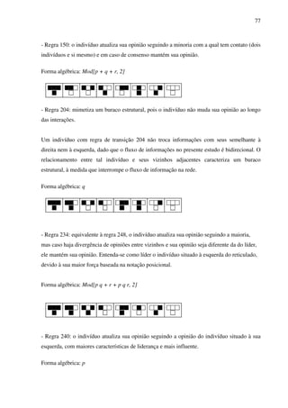77
- Regra 150: o indivíduo atualiza sua opinião seguindo a minoria com a qual tem contato (dois
indivíduos e si mesmo) e em caso de consenso mantém sua opinião.
Forma algébrica: Mod[p + q + r, 2]
- Regra 204: mimetiza um buraco estrutural, pois o indivíduo não muda sua opinião ao longo
das interações.
Um indivíduo com regra de transição 204 não troca informações com seus semelhante à
direita nem à esquerda, dado que o fluxo de informações no presente estudo é bidirecional. O
relacionamento entre tal indivíduo e seus vizinhos adjacentes caracteriza um buraco
estrutural, à medida que interrompe o fluxo de informação na rede.
Forma algébrica: q
- Regra 234: equivalente à regra 248, o indivíduo atualiza sua opinião seguindo a maioria,
mas caso haja divergência de opiniões entre vizinhos e sua opinião seja diferente da do líder,
ele mantém sua opinião. Entenda-se como líder o indivíduo situado à esquerda do reticulado,
devido à sua maior força baseada na notação posicional.
Forma algébrica: Mod[p q + r + p q r, 2]
- Regra 240: o indivíduo atualiza sua opinião seguindo a opinião do indivíduo situado à sua
esquerda, com maiores características de liderança e mais influente.
Forma algébrica: p
 