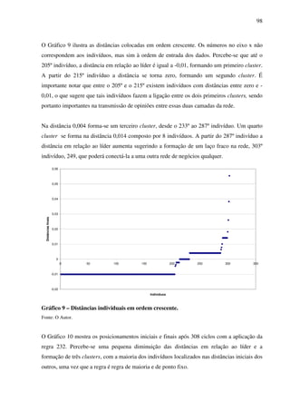 98
O Gráfico 9 ilustra as distâncias colocadas em ordem crescente. Os números no eixo x não
correspondem aos indivíduos, mas sim à ordem de entrada dos dados. Percebe-se que até o
205º indivíduo, a distância em relação ao líder é igual a -0,01, formando um primeiro cluster.
A partir do 215º indivíduo a distância se torna zero, formando um segundo cluster. É
importante notar que entre o 205º e o 215º existem indivíduos com distâncias entre zero e -
0,01, o que sugere que tais indivíduos fazem a ligação entre os dois primeiros clusters, sendo
portanto importantes na transmissão de opiniões entre essas duas camadas da rede.
Na distância 0,004 forma-se um terceiro cluster, desde o 233º ao 287º indivíduo. Um quarto
cluster se forma na distância 0,014 composto por 8 indivíduos. A partir do 287º indivíduo a
distância em relação ao líder aumenta sugerindo a formação de um laço fraco na rede, 303º
indivíduo, 249, que poderá conectá-la a uma outra rede de negócios qualquer.
-0,02
-0,01
0
0,01
0,02
0,03
0,04
0,05
0,06
0 50 100 150 200 250 300 350
Indivíduos
Distânciasfinais
Gráfico 9 – Distâncias individuais em ordem crescente.
Fonte: O Autor.
O Gráfico 10 mostra os posicionamentos iniciais e finais após 308 ciclos com a aplicação da
regra 232. Percebe-se uma pequena diminuição das distâncias em relação ao líder e a
formação de três clusters, com a maioria dos indivíduos localizados nas distâncias iniciais dos
outros, uma vez que a regra é regra de maioria e de ponto fixo.
 