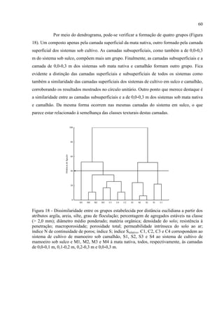 60

           Por meio do dendrograma, pode-se verificar a formação de quatro grupos (Figura
18). Um composto apenas pela camada superficial da mata nativa, outro formado pela camada
superficial dos sistemas sob cultivo. As camadas subsuperficiais, como também a de 0,0-0,3
m do sistema sob sulco, compõem mais um grupo. Finalmente, as camadas subsuperficiais e a
camada de 0,0-0,3 m dos sistemas sob mata nativa e camalhão formam outro grupo. Fica
evidente a distinção das camadas superficiais e subsuperficiais de todos os sistemas como
também a similaridade das camadas superficiais dos sistemas de cultivo em sulco e camalhão,
corroborando os resultados mostrados no círculo unitário. Outro ponto que merece destaque é
a similaridade entre as camadas subsuperficiais e a de 0,0-0,3 m dos sistemas sob mata nativa
e camalhão. Da mesma forma ocorrem nas mesmas camadas do sistema em sulco, o que
parece estar relacionado à semelhança das classes texturais destas camadas.


                                         100




                                         80
                  Distância de ligação




                                         60




                                         40




                                         20




                                          0
                                               M1   M4   M2   M3   C3   C4   C2   S3   S4   S2   S1   C1


Figura 18 - Dissimilaridade entre os grupos estabelecida por distância euclidiana a partir dos
atributos argila, areia, silte, grau de floculação; percentagem de agregados estáveis na classe
(> 2,0 mm); diâmetro médio ponderado; matéria orgânica; densidade do solo; resistência à
penetração; macroporosidade; porosidade total; permeabilidade intrínseca do solo ao ar;
índice N de continuidade de poros; índice S; índice Srelativo. C1, C2, C3 e C4 correspondem ao
sistema de cultivo de mamoeiro sob camalhão, S1, S2, S3 e S4 ao sistema de cultivo de
mamoeiro sob sulco e M1, M2, M3 e M4 à mata nativa, todos, respectivamente, às camadas
de 0,0-0,1 m, 0,1-0,2 m, 0,2-0,3 m e 0,0-0,3 m.
 