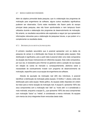 4.7     RESULTADOS SECUNDÁRIOS


Além do objetivo primordial desta pesquisa, que é a elaboração dos programas de
motivação para engenheiros de software, alguns outros resultados significativos
puderam ser observados. Como estes resultados não fazem parte do escopo
principal desta pesquisa, eles não foram aprofundados e nem tampouco foram
utilizados durante a elaboração dos programas de desenvolvimento de motivação.
No entanto, os resultados secundários são explorados a seguir por que apresentam
informações relevantes para a elaboração de pesquisas futuras, e que podem vir a
complementar os resultados desta.


4.7.1    DISTRIBUIÇÃO DA MOTIVAÇÃO POR EQUIPES


O primeiro resultado secundário que é possível apresentar com os dados da
pesquisa de campo é a distribuição das forças de motivação pelas equipes. Esta
distribuição é significativa, pois a partir dela é possível obter uma visão comparativa
da atuação das forças motivacionais em diferentes equipes. Esta visão comparativa,
por sua vez, é necessária para informar os gestores sobre a posição da sua equipe
em relação às outras do mercado e, consequentemente, alertá-los sobre a
necessidade de eventualmente investir num programa de desenvolvimento da
motivação, específico para a sua equipe de engenheiros de software.

        Através da apuração da motivação real (Mr) dos indivíduos, é possível
identificar a distribuição da motivação pelas equipes. O Gráfico 7, abaixo, exibe esta
distribuição para cada equipe. Neste gráfico, As equipes estão dispostas em ordem
da maior para a menor atuação da motivação real. A equipe E1 apresenta 100% dos
seus componentes com a motivação real alta ou muito alta e é considerada a
mais motivada, enquanto a equipe E14, que apresenta 100% dos seus componentes
com motivação baixa ou média , é considerada a menos motivada. As equipes
com menos de cinco integrantes foram removidas desta visão.




                                                                                    99
 