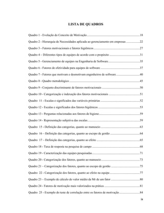 LISTA DE QUADROS


Quadro 1 - Evolução do Conceito de Motivação ......................................................................18

Quadro 2 - Hierarquia de Necessidades aplicada ao gerenciamento em empresas ..................22

Quadro 3 - Fatores motivacionais e fatores higiênicos .............................................................27

Quadro 4       Diferentes tipos de equipes de acordo com o propósito ........................................31

Quadro 5 - Gerenciamento de equipes na Engenharia de Software..........................................35

Quadro 6 - Fatores de efetividade para equipes de software ....................................................37

Quadro 7 - Fatores que motivam e desmotivam engenheiros de software ...............................40

Quadro 8 - Quadro metodológico .............................................................................................45

Quadro 9 - Conjunto discriminante de fatores motivacionais ..................................................50

Quadro 10 - Categorização e indexação dos fatores motivacionais .........................................51

Quadro 11 - Escalas e significados das variáveis primárias ....................................................52

Quadro 12 - Escalas e significados dos fatores higiênicos .......................................................53

Quadro 13 - Perguntas relacionadas aos fatores de higiene......................................................59

Quadro 14 - Representação subjetiva das escalas .....................................................................59

Quadro 15 - Definição das categorias, quanto ao manuseio ....................................................63

Quadro 16         Definição das categorias, quanto ao escopo de gestão .......................................64

Quadro 17         Definição das categorias, quanto ao efeito .........................................................65

Quadro 18 - Taxa de resposta na pesquisa de campo ...............................................................68

Quadro 19 - Caracterização das equipes pesquisadas ...............................................................71

Quadro 20 - Categorização dos fatores, quanto ao manuseio ...................................................73

Quadro 21        Categorização dos fatores, quanto ao escopo de gestão ......................................75

Quadro 22 - Categorização dos fatores, quanto ao efeito na equipe ........................................77

Quadro 23        Exemplo de cálculo do valor médio da Mr de um fator ......................................80

Quadro 24 - Fatores de motivação mais valorizados na prática ...............................................81

Quadro 25 - Exemplo do teste de correlação entre os fatores de motivação ...........................84

                                                                                                                           ix
 