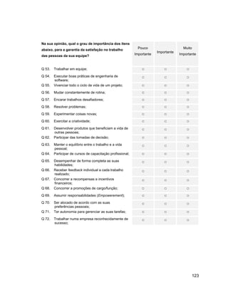 Na sua opinião, qual o grau de importância dos itens
abaixo, para a garantia da satisfação no trabalho             Pouco                     Muito
                                                                         Importante
das pessoas da sua equipe?                                  Importante                Importante



Q 53.   Trabalhar em equipe;

Q 54.   Executar boas práticas de engenharia de
        software;
Q 55.   Vivenciar todo o ciclo de vida de um projeto;

Q 56.   Mudar constantemente de rotina;

Q 57.   Encarar trabalhos desafiadores;

Q 58.   Resolver problemas;

Q 59.   Experimentar coisas novas;

Q 60.   Exercitar a criatividade;

Q 61.   Desenvolver produtos que beneficiam a vida de
        outras pessoas;
Q 62.   Participar das tomadas de decisão;

Q 63.   Manter o equilíbrio entre o trabalho e a vida
        pessoal;
Q 64.   Participar de cursos de capacitação profissional;

Q 65.   Desempenhar de forma completa as suas
        habilidades;
Q 66.   Receber feedback individual a cada trabalho
        realizado;
Q 67.   Concorrer a recompensas e incentivos
        financeiros;
Q 68.   Concorrer a promoções de cargo/função;

Q 69.   Assumir responsabilidades (Empowerement);

Q 70.   Ser alocado de acordo com as suas
        preferências pessoais;
Q 71.   Ter autonomia para gerenciar as suas tarefas;

Q 72.   Trabalhar numa empresa reconhecidamente de
        sucesso;




                                                                                             123
 