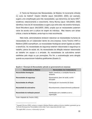 A Teoria da Hierarquia das Necessidades, de Maslow, foi duramente criticada
no curso da história8. Clayton Alderfer (apud. SALGADO, 2005), por exemplo,
sugeriu uma simplificação para três necessidades, que denominou de teoria ERC9:
existência, relacionamento e crescimento. Henry Murray (apud. SALGADO, 2005)
identificou mais de 20 necessidades e sugeriu que entre elas não existiria hierarquia.
David McLelland (apud. SALGADO, 2005), propôs que as necessidades poderiam
variar de acordo com a cultura de origem do indivíduo. Mas mesmo com tantas
críticas, a teoria de Maslow, ainda hoje é a mais reconhecida.

         Mais tarde, administradores tentaram relacionar as necessidades humanas às
necessidades de um colaborador dentro de uma empresa. Como Tenório (1997) e
Maitland (2000) exemplificam, as necessidades fisiológicas seriam ligadas ao salário
e benefícios. As necessidades de segurança estariam relacionadas à segurança no
trabalho, planos de saúde, etc. As necessidades de afiliação estariam relacionadas
ao trabalho em equipe e à amizade. As necessidades de auto-estima seriam
satisfeitas pelo elogio ou por promoções. Por fim, a autorealização seria atingida
quando se proporcionam trabalhos gratificantes (Quadro 2).



Quadro 2 - Hierarquia de Necessidades aplicada ao gerenciamento em empresas

              Necessidades de Maslow                          Necessidades dos Colaboradores
Necessidades fisiológicas                              Salário, benefícios, e condições físicas do
                                                       ambiente.

Necessidades de segurança                              Aposentadoria, plano de saúde, auxílio-
                                                       educação.

Necessidades de afiliação                              Participação em movimentos de classe.


Necessidade de auto-estima                             Reconhecimento e desenvolvimento profissional.


Necessidade de realização pessoal                      Identificação com o trabalho e com a
                                                       organização.
Fonte: Adaptado de Tenório (1997)




8
 Segundo Oliveira (2002), inclusive o próprio Abraham Maslow publicou diversos trabalhos apontando que na
Teoria da Hierarquia das Necessidades existia ainda muito espaço para dúvidas (sic).
9
    Do inglês ERG: existence, relationship e growth.
                                                                                                     22
 
