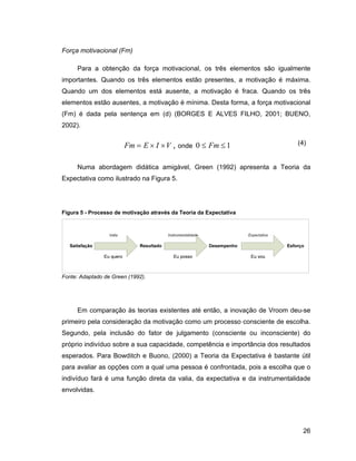 Força motivacional (Fm)

     Para a obtenção da força motivacional, os três elementos são igualmente
importantes. Quando os três elementos estão presentes, a motivação é máxima.
Quando um dos elementos está ausente, a motivação é fraca. Quando os três
elementos estão ausentes, a motivação é mínima. Desta forma, a força motivacional
(Fm) é dada pela sentença em (d) (BORGES E ALVES FILHO, 2001; BUENO,
2002).


                       Fm      E I V , onde 0         Fm 1                   (4)


     Numa abordagem didática amigável, Green (1992) apresenta a Teoria da
Expectativa como ilustrado na Figura 5.




Figura 5 - Processo de motivação através da Teoria da Expectativa




Fonte: Adaptado de Green (1992).




     Em comparação às teorias existentes até então, a inovação de Vroom deu-se
primeiro pela consideração da motivação como um processo consciente de escolha.
Segundo, pela inclusão do fator de julgamento (consciente ou inconsciente) do
próprio indivíduo sobre a sua capacidade, competência e importância dos resultados
esperados. Para Bowditch e Buono, (2000) a Teoria da Expectativa é bastante útil
para avaliar as opções com a qual uma pessoa é confrontada, pois a escolha que o
indivíduo fará é uma função direta da valia, da expectativa e da instrumentalidade
envolvidas.




                                                                               26
 